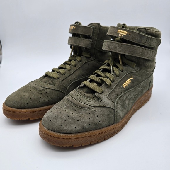 Puma Shoes - Puma Sky II Hi Olive Green Suede Gum Sole High Top Sneakers Women Gold Logo